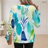 Women Plus Size Round Neck Long Sleeve Green Beige Abstract Printed Sweatshirt Ribbed Cuffs Pullover