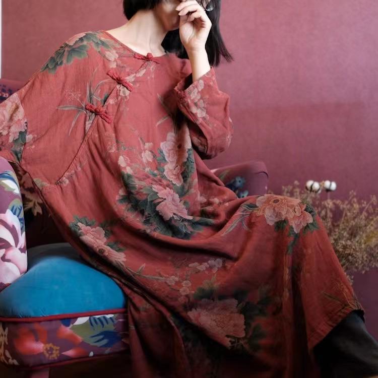 Johnature ქალთა ვინტაჟური ლურჯი ყვავილების კაბა ბამბის რბილი გრძელმკლავიანი კაბა საგაზაფხულო ჩინური სტილის ღილაკიანი ქალის კაბა