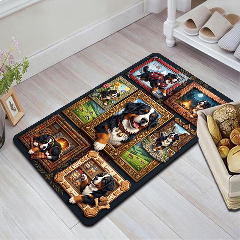 Bernese Mountain Dog Adventures Pattern Rug Floor Mat for Living Room or Bedroom Soft and Comfortable Carpet a Gift for Birthday and Holiday.