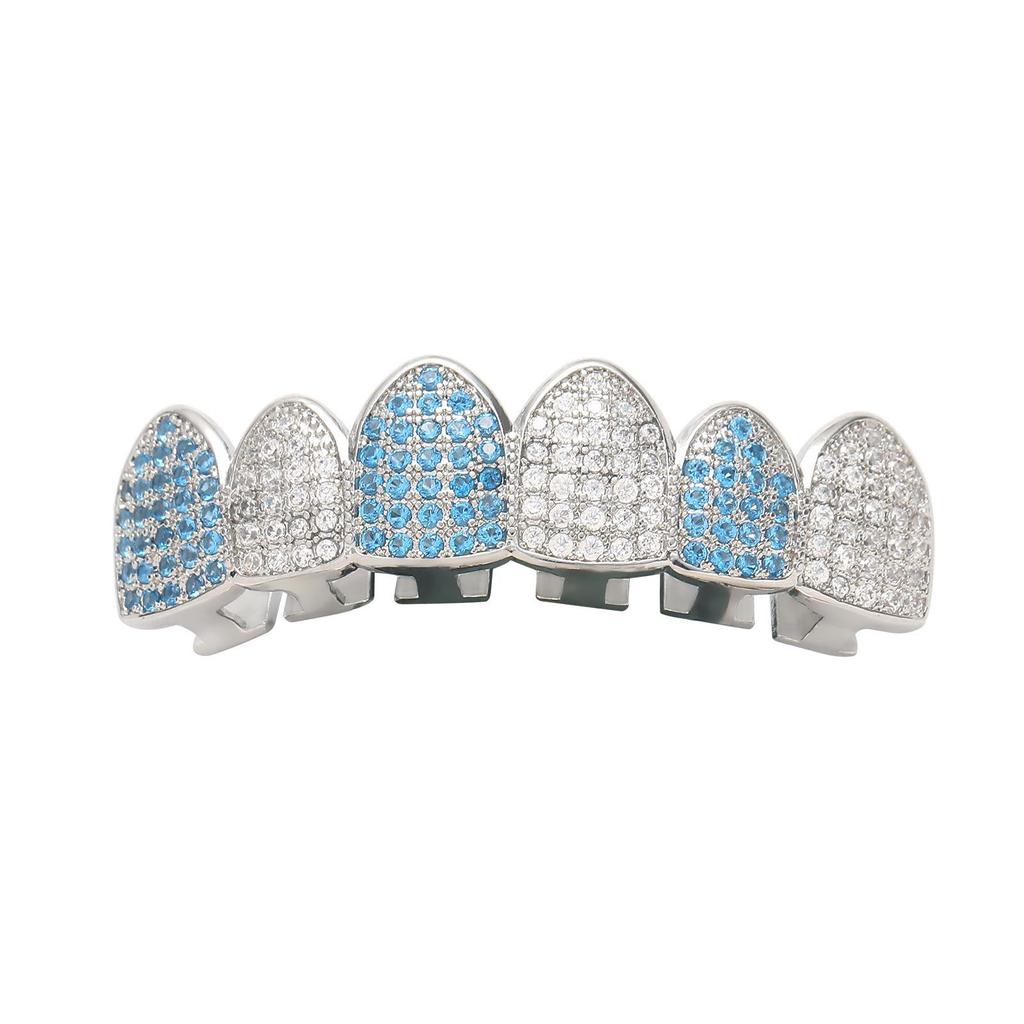 Men's Gold-Plated Flat Grill with Blue & White Zircon Diamonds - Two-Tone, Six-Tooth Hip Hop Style