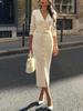 Elegant European and American Women's Long Knit Dress with Front Buttons and Belt