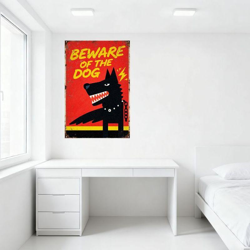Vintage Industrial BEWARE OF THE DOG Metal Tin Sign with Black Dog Illustration, Red Background, Yellow Text, Rust Spots, Home B
