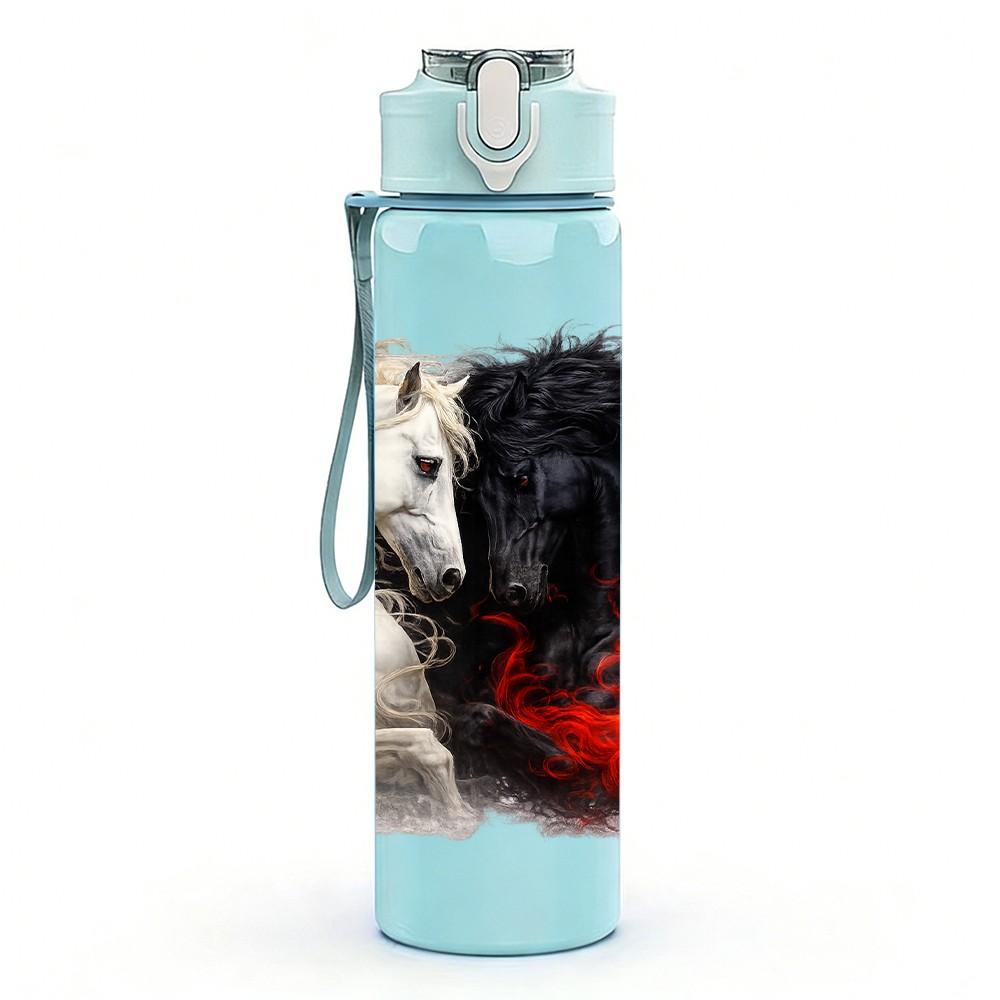 1PC Black White Fluffy Horse Portrait Print 750ml Color Plastic Sports Water Bottle Leakproof Flip Straw Lid Suitable for Sports Office Home Use