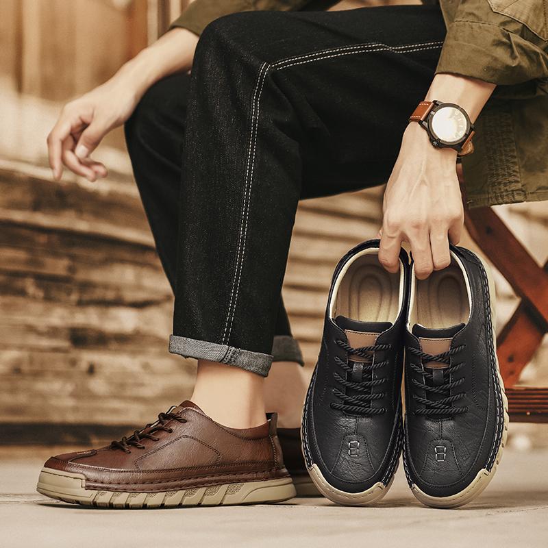 Men Leather Casual Shoes Soft Sole Walking Shoes Luxury Brand Lace-Up Lightweight Walking Shoes Outdoor Mens Sneakers