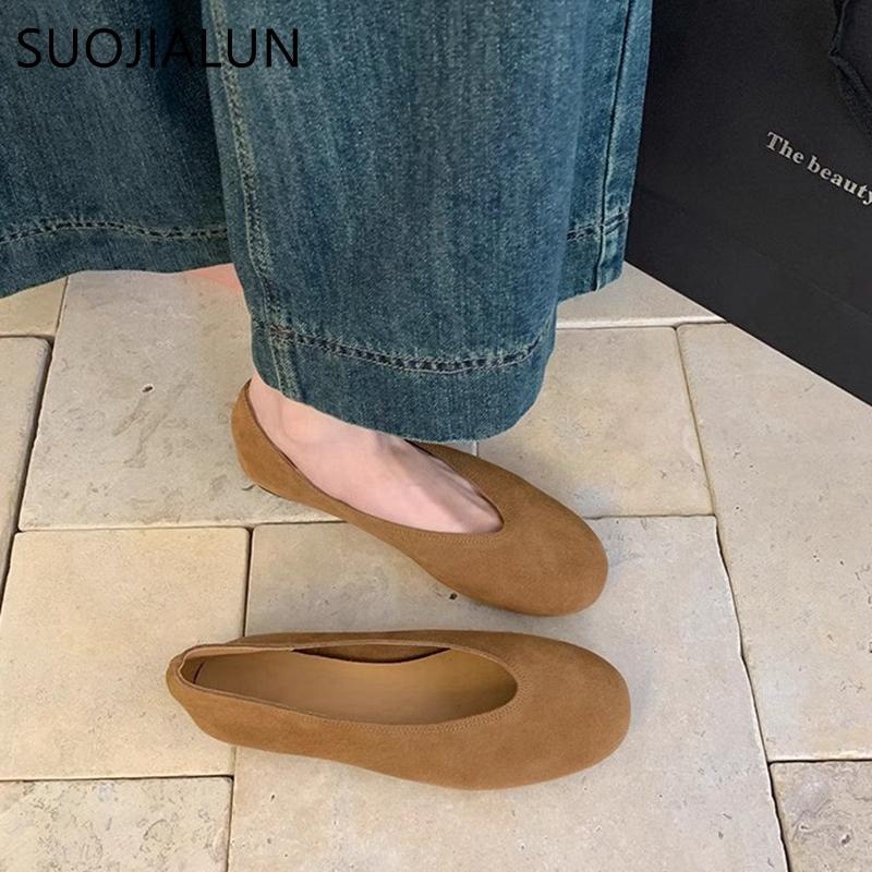 Fashion SUOJIALUN 2025 Women Genuine Leather Women Flat Shoes Fashion Round Toe Shallow Slip On Boat Shoes Soft Flat Heel Single Shoes