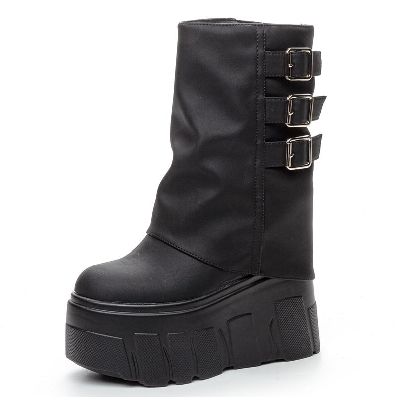 Kalhotové kozačky Dámské Podzim Zima Tenký Fleece Dámské Kotníkové Boty Vysoký Podpatek Platforma Přezka s Páskem Trend Dámské Kozačky