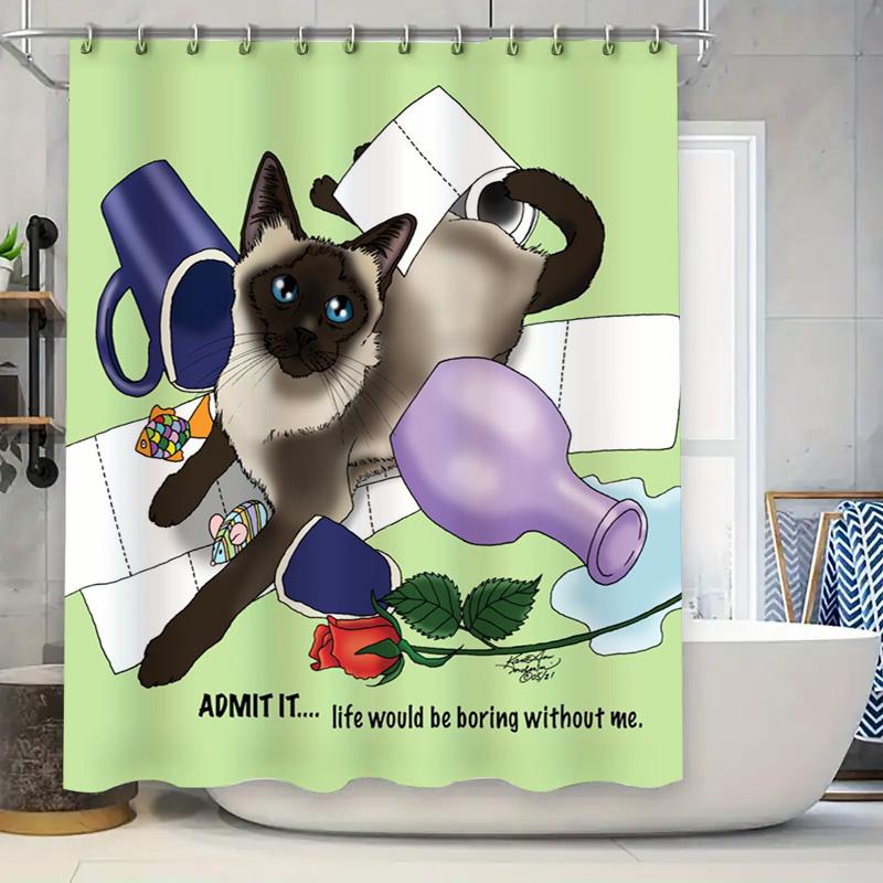 

Modern Bathroom Decor Shower Curtain With Siamese Cat Print Purple Glass Bottle Blue Mug Rose Red Flower Cartoon Print For Home W60H190(CM)-1 Pcs