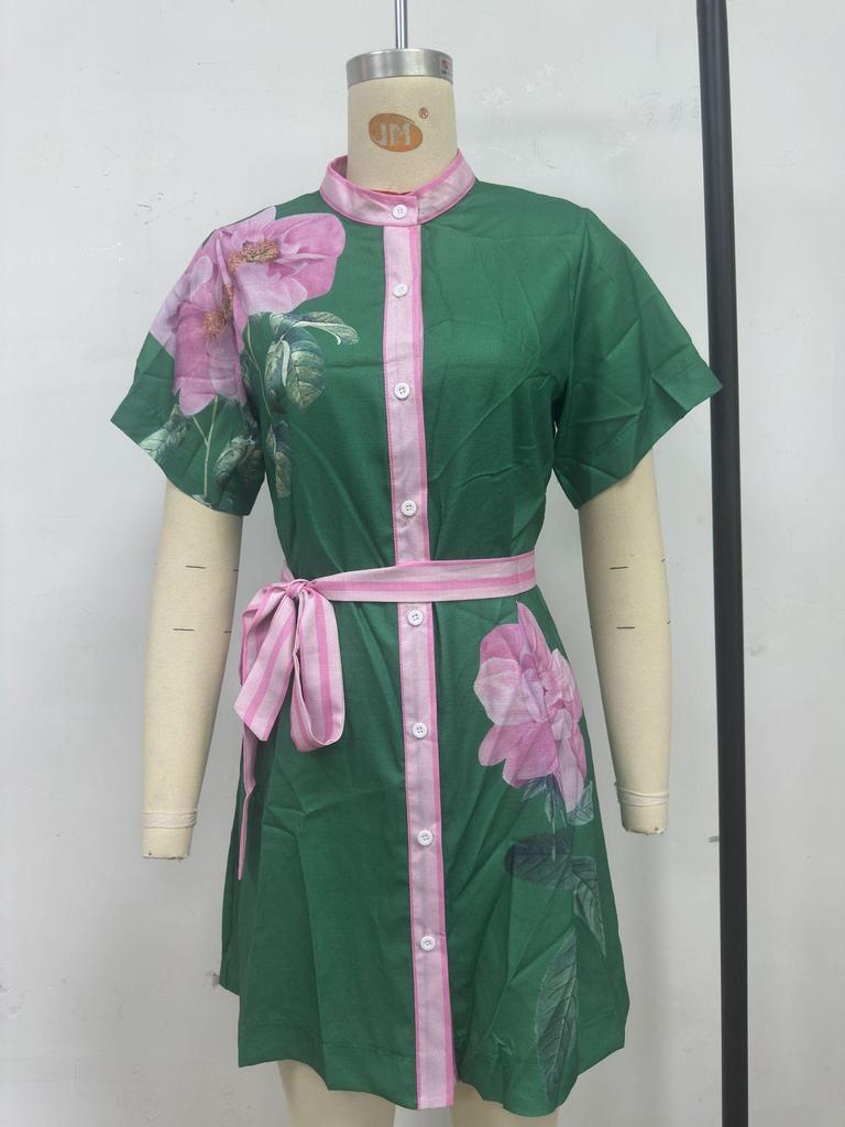 Summer Cross-Border Women's Casual Print Tie-Up Dress