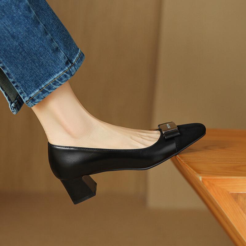 

Wear women s single shoes in all seasons, medium heel, casual square heel, small leather shoes, black leather shoes, one pedal, new women s square hea 39 чёрный
