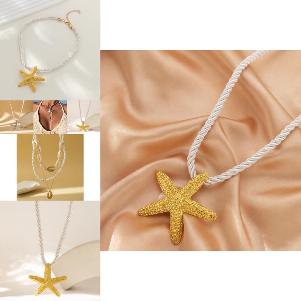 Elegant Yellow Starfish And Shell Alloy Pendant Necklace For Vacation Party Accessories