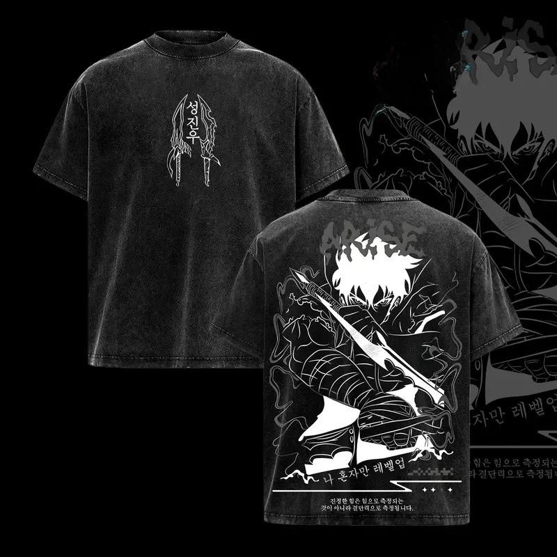 Sung JinWoo Printed Tee Anime Solo Leveling Clothing Men Women Retro Washed T-shirts Short Sleeve Tshirt Harajuku Cotton T Shirt