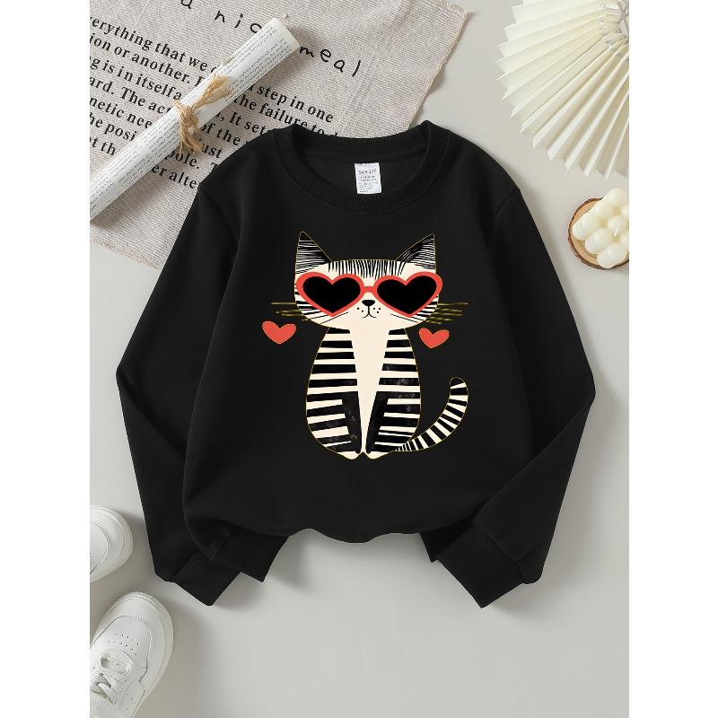Kids Long‑Sleeve Crewneck Sweatshirt, Cool Striped Cat with Heart Sunglasses Print,Daily Casual Top for Spring & Autumn