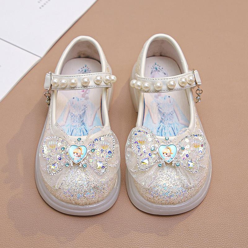 Girls' leather shoes with lights 2025 spring and autumn new children's bow rhinestone princess shoes baby girl soft sole single shoes tide