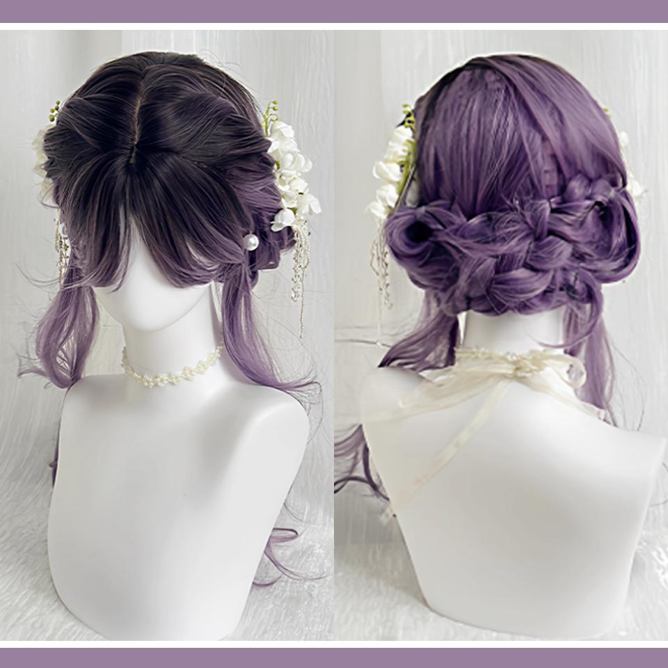 Purple Gradient Synthetic Lolita Wig Long Curly Hair with Bangs Is Suitable For Ladies To Wear In Daily Festivals