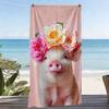 Sweet Floral Pig Beach Towel, Adorable Piglet with Rose Flower Crown Pattern Bath Towel, Perfect Gift for Animal Lovers & Girls