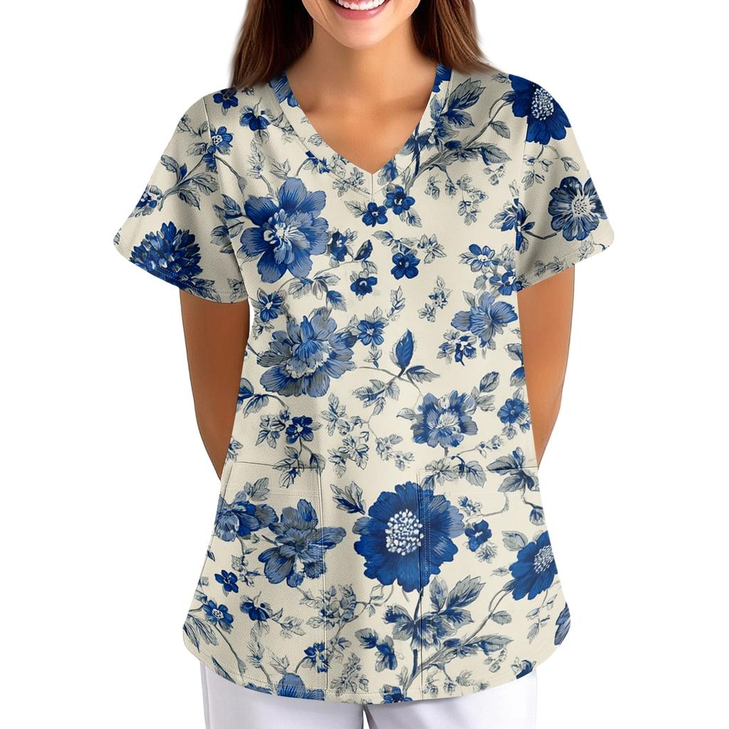 Loose Fit V Neck Pocket Short Sleeve Medical Scrub Top Floral Pattern Nurse Uniform Workwear for Healthcare Professionals