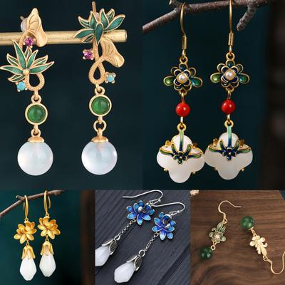 Chinese Style Gold Plated Enamel Color Painting Imitation Hotan Jade Retro Style Long Earrings Long Earrings