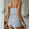 Damen-Pyjama-Set Gerippt Floral Rüschen 2-teilig Nachtwäsche Crop Cami Top und Shorts Weiche Pyjamas Loungewear Set