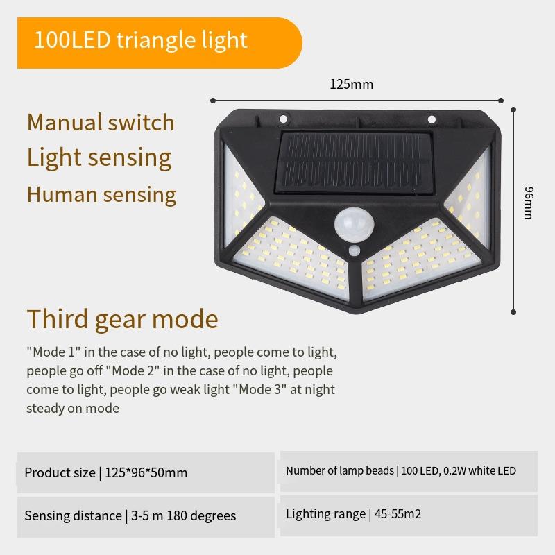 

1 шт., солнечный заряжаемый уличный настенный светильник, садовый светильник, 100 светодиодов, четырехсторонний светящийся индукционный светильник для человеческого тела, уличный светильник для сада