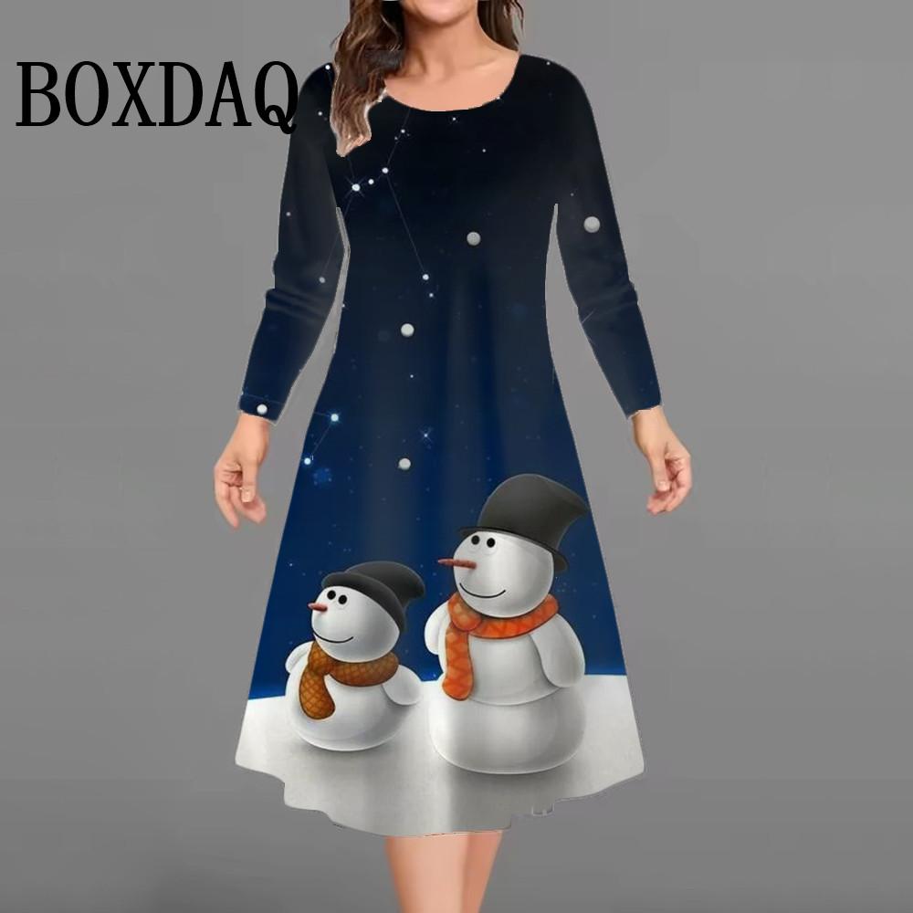 Christmas Tree Snowmen Party Dresses For Women Plus Size Winter Long Sleeve Dress Trendy Cute Casual Loose A-Line Dress