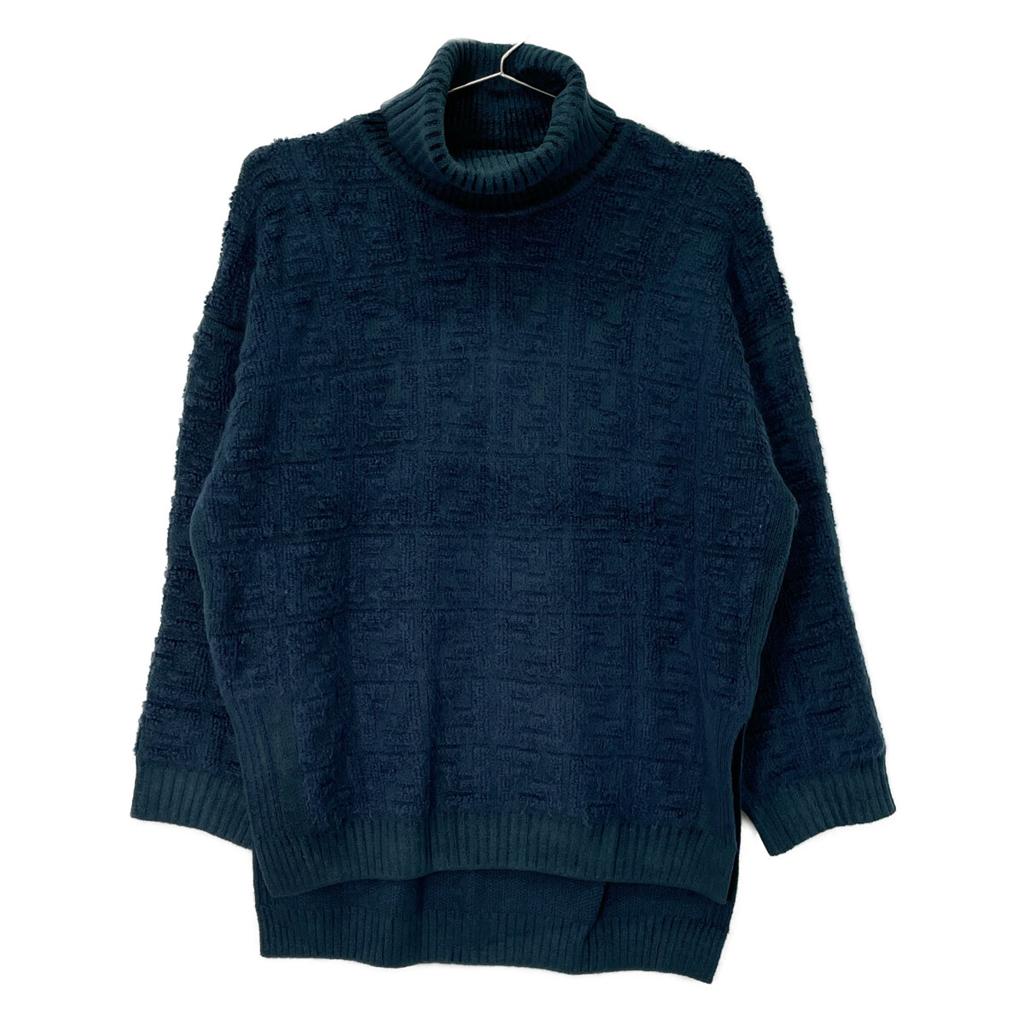 Fendi FZY874 A9WF Dark Green Mohair Blend Zucca Pattern Side Slit Turtleneck Knit Pullover Tops 36 greenUsed