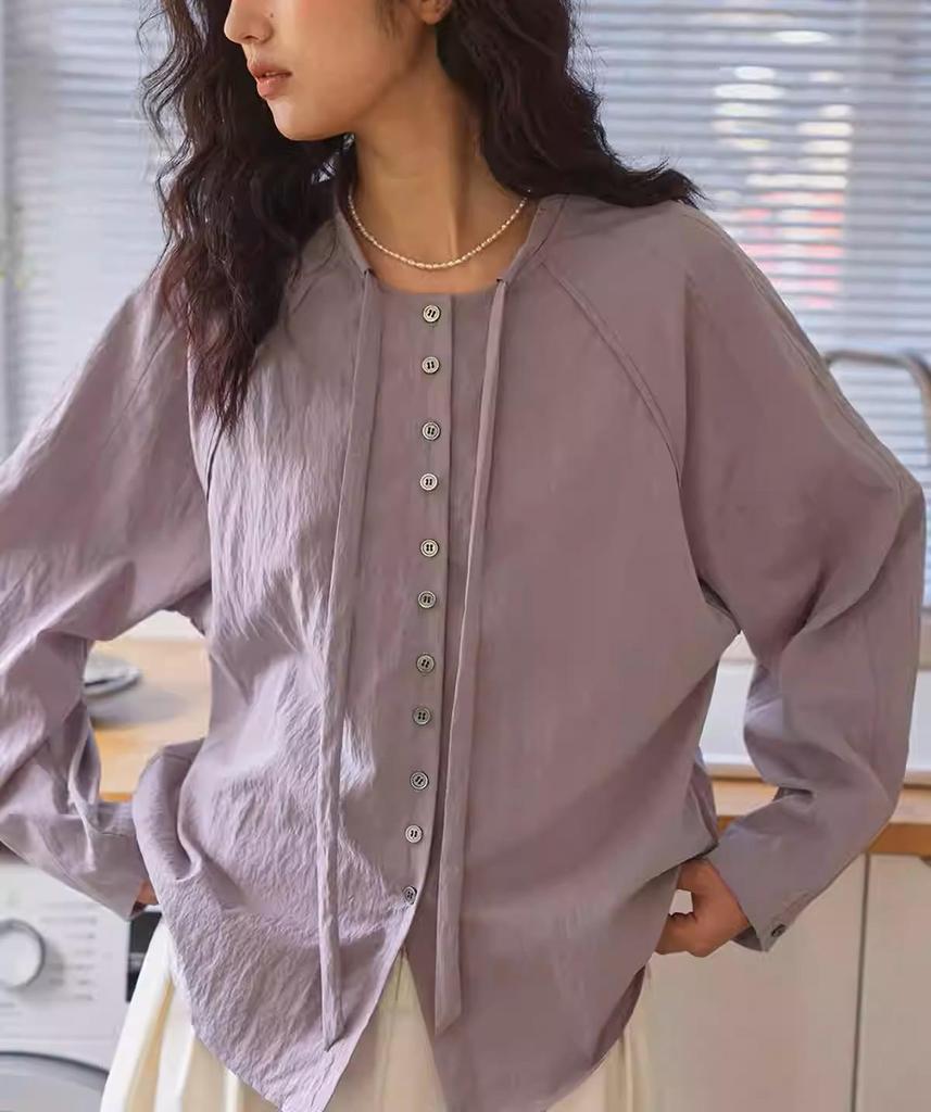 Solighter Women's Purple Tencel Stand Collar Long Sleeve Shirt - Spring Collection Top