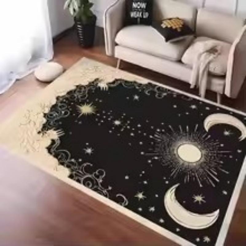 Minimalist Black Carpet Featuring Star Moon and Sun Designs Anti-slip Floor Mat for Living Room Bedroom Decor Doormat