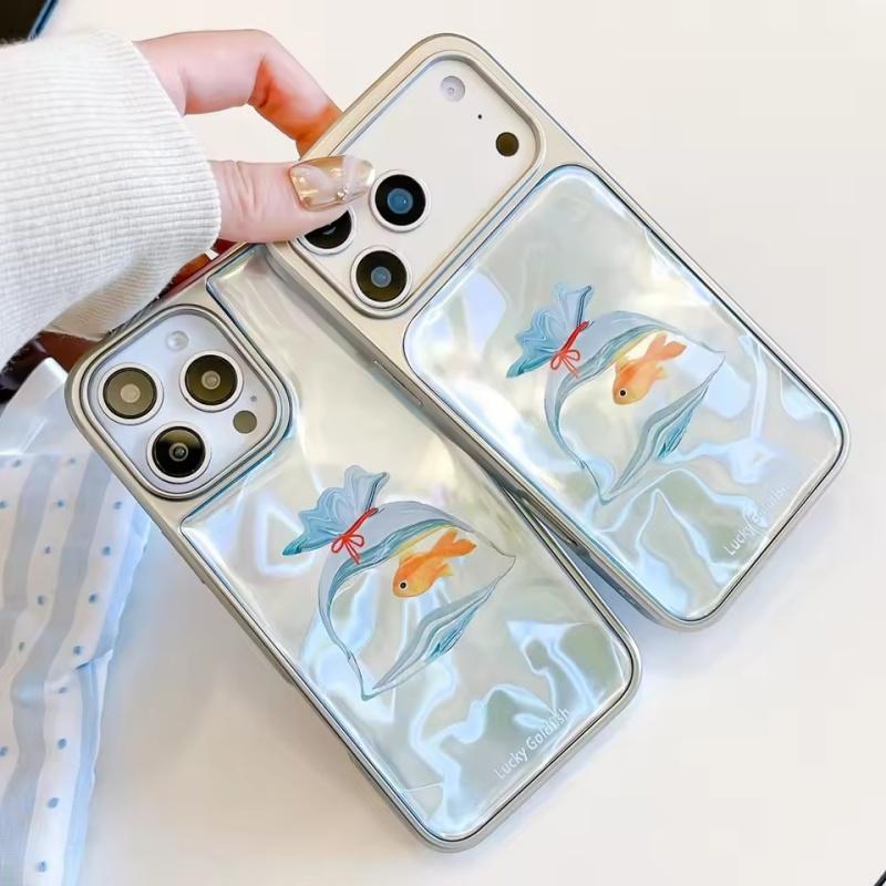Cute Luck Goldfish Bag Water Ripple Silver Border Drop Glue Shock Proof Phone Cover Case for iPhone 17 16 15 14 Pro Max
