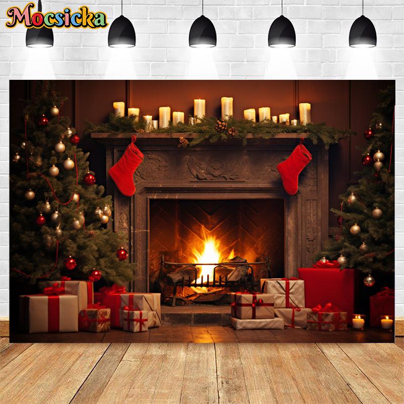 Mocsicka Christmas Fireplace Photography Background Xmas Tree Gift Decoration Kids Birthday Portrait Backdrop Photo Studio Props