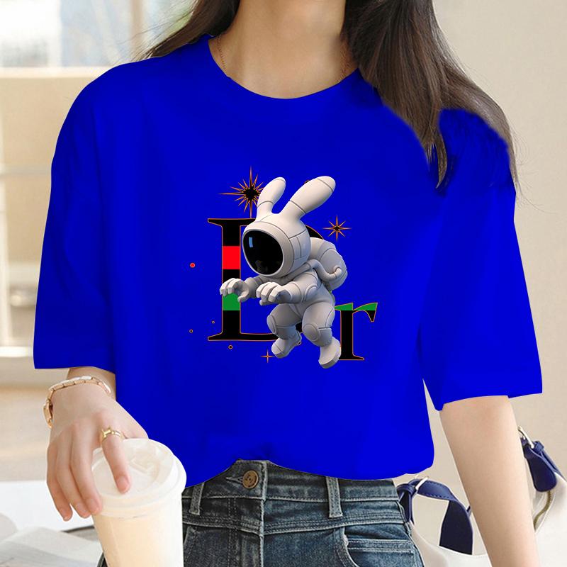 Cotton Spring/Summer Trendy Brand Rabbit Printed Short Sleeve Light Luxury Women's Round Neck Loose Casual Trendy T-shirt