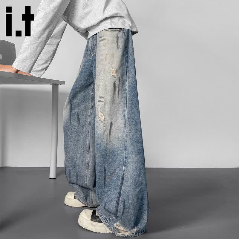 CHOCOOLATEit Men s Graffiti Ripped Curved Blade Wide-Leg Jeans L