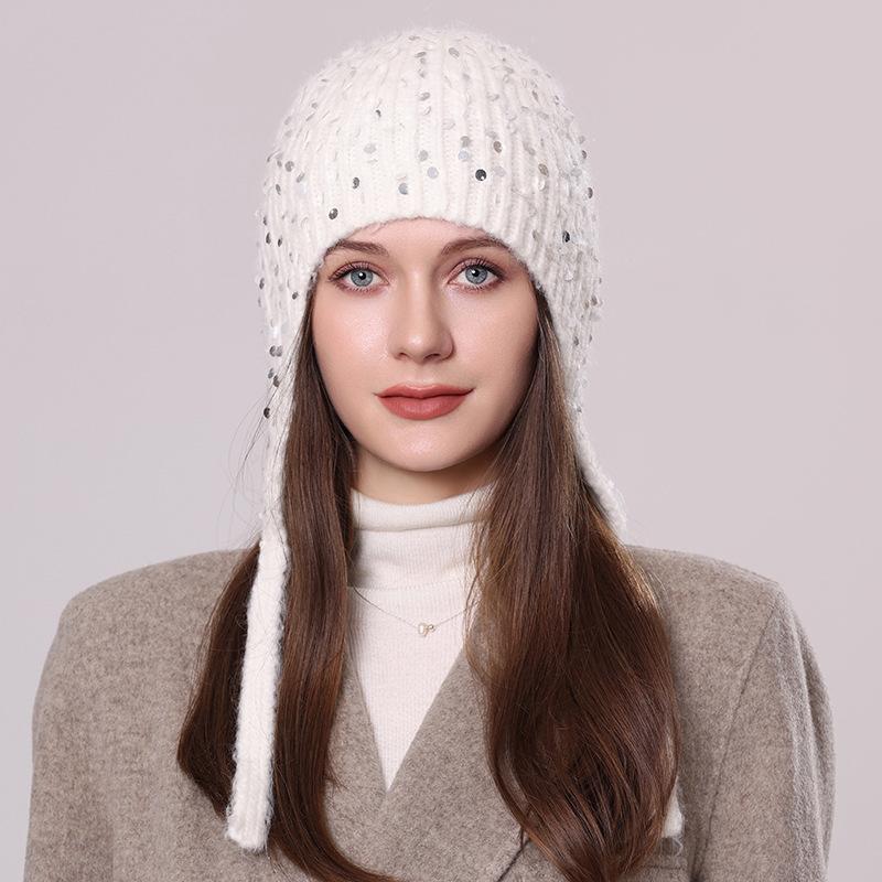 Женская вязаная шапка из кроличьего меха с пайетками, зимняя теплая универсальная шерстяная шапка, модная шапка-пуловер с завязками и защитой ушей one size
