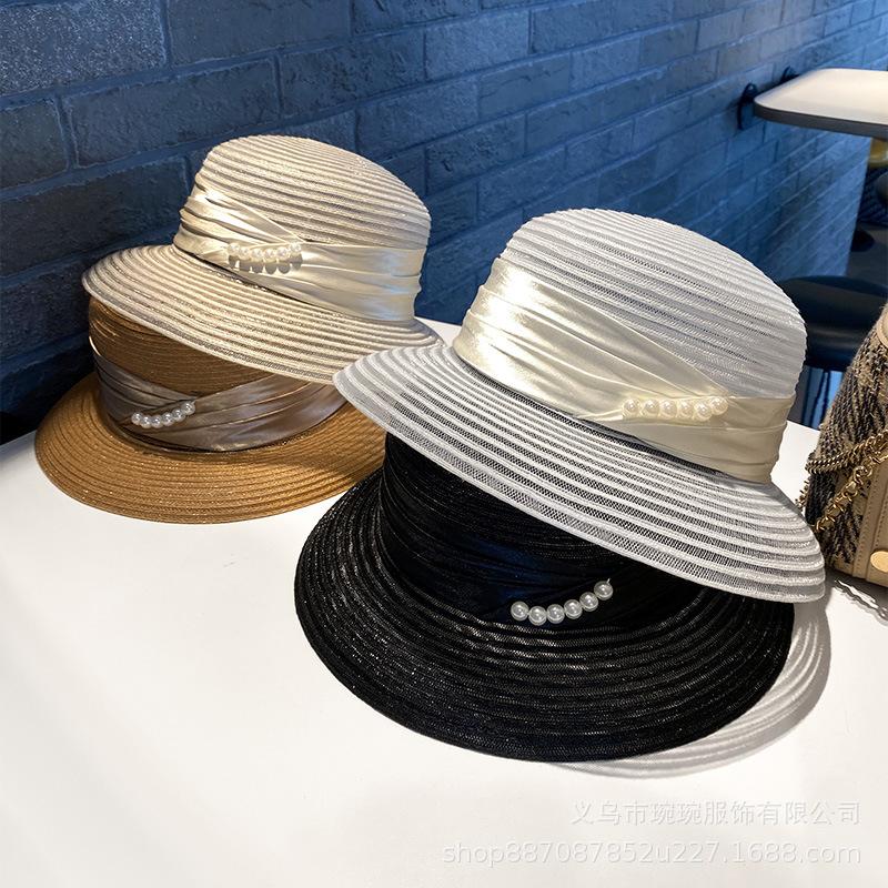 Summer New Transparent Versatile Fisherman Hat Children Pearl Chain Sunshade Sun Protection Hat Casual French Beach Top Hat