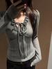 Spicy Grey Lace Tie-Up Long Sleeve T-Shirt for Women - Slimming Autumn/Winter Style 2025