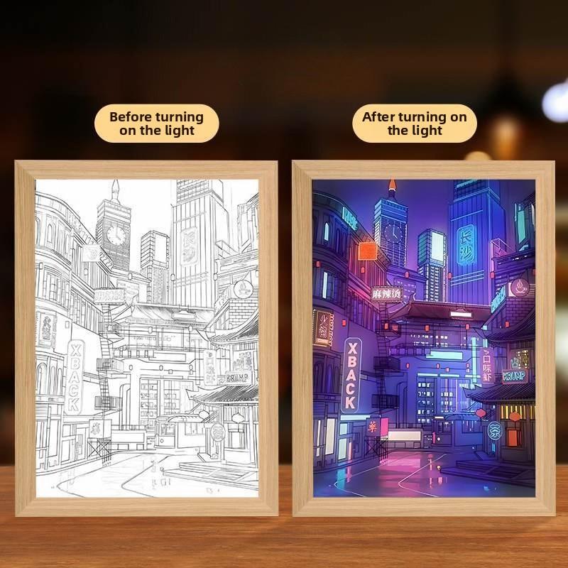 23cm/9.06in Cyberpunk Light Painting Urban Street View Game Peripherals 3D Night Lamp Table Gifts Party Supplies Room Decoration