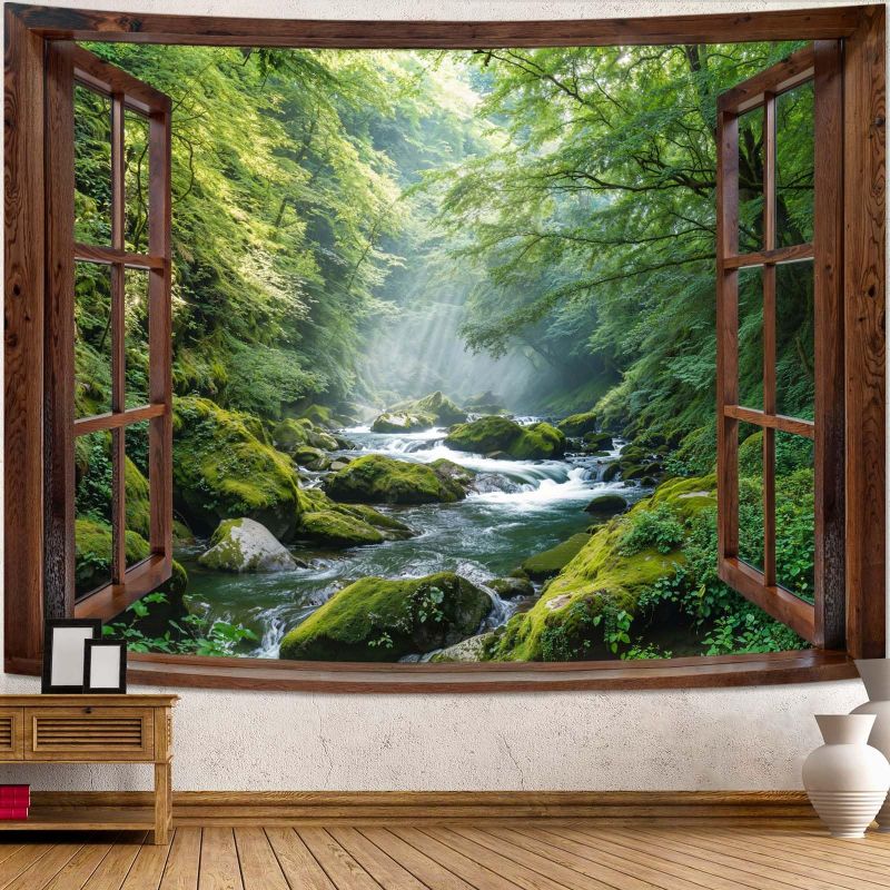 Misty Sunbeam Forest Tapestry Nature Green Tree Landscape Polyester Wall Hanging Aesthetic Bedroom Dorm Living Room Home Decor