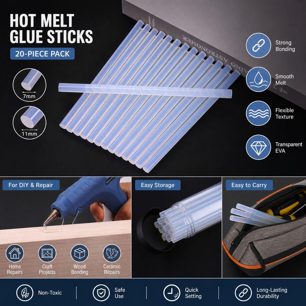 20Pcs Strong Adhesion Hot Melt Glue Sticks Transparent Adhesive Glue Rods Glue Refills