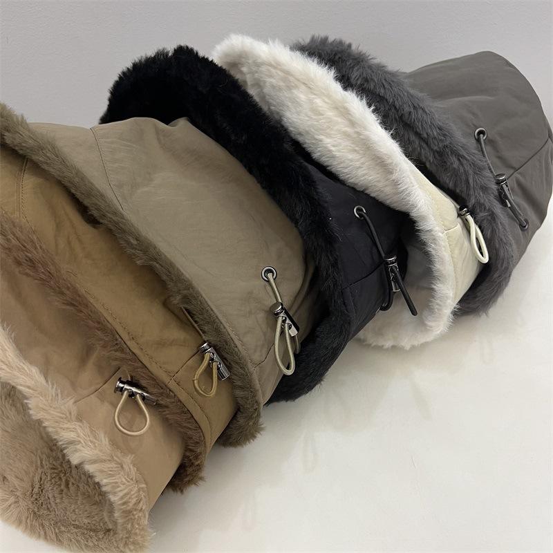 Nylon Waterproof Velvet External Drawstring Front Long Rear Short Basin Hat Women's Winter Literary and Leisure Warm Bucket Hat