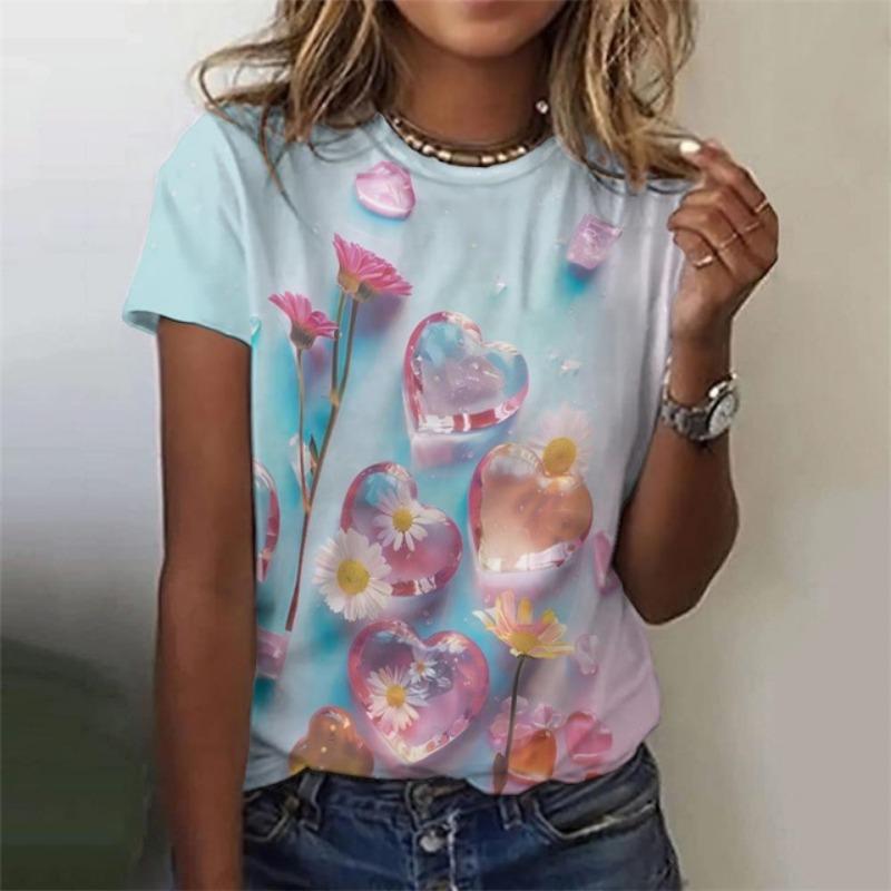 3D Printed Heart Love T Shirt For Women Colorful Glass Pattern Tees Summer Casual T-Shirts Round Neck Tops Loose Short Sleeves