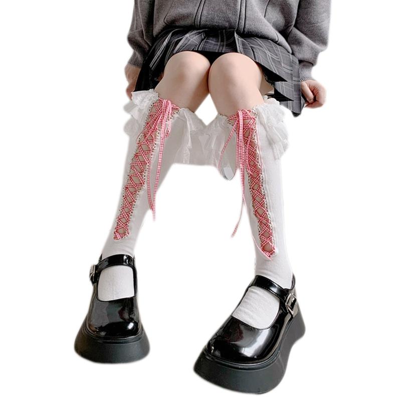 Sweet Lolita Socks Women's Calf Socks Black White Knee High Socks Tie Up Cotton Socks Lace Trim Princess Socks for Party