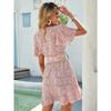 Women's Slim V-Neck Printed Tie Short Sleeve Dresses