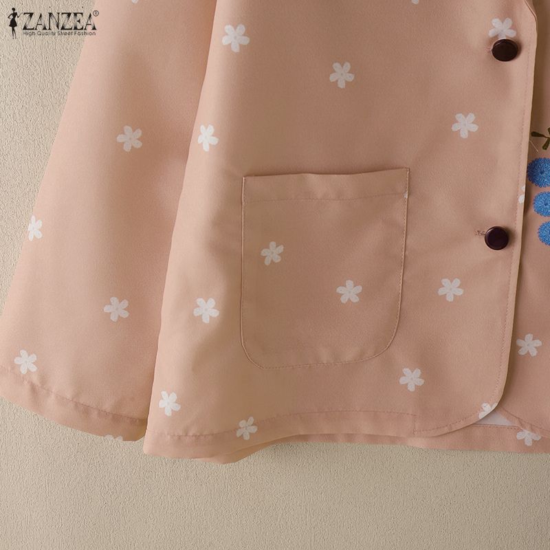 ZANZEA Bluză lejeră cu mânecă lungă, cu imprimeu liber, cu guler răsturnat