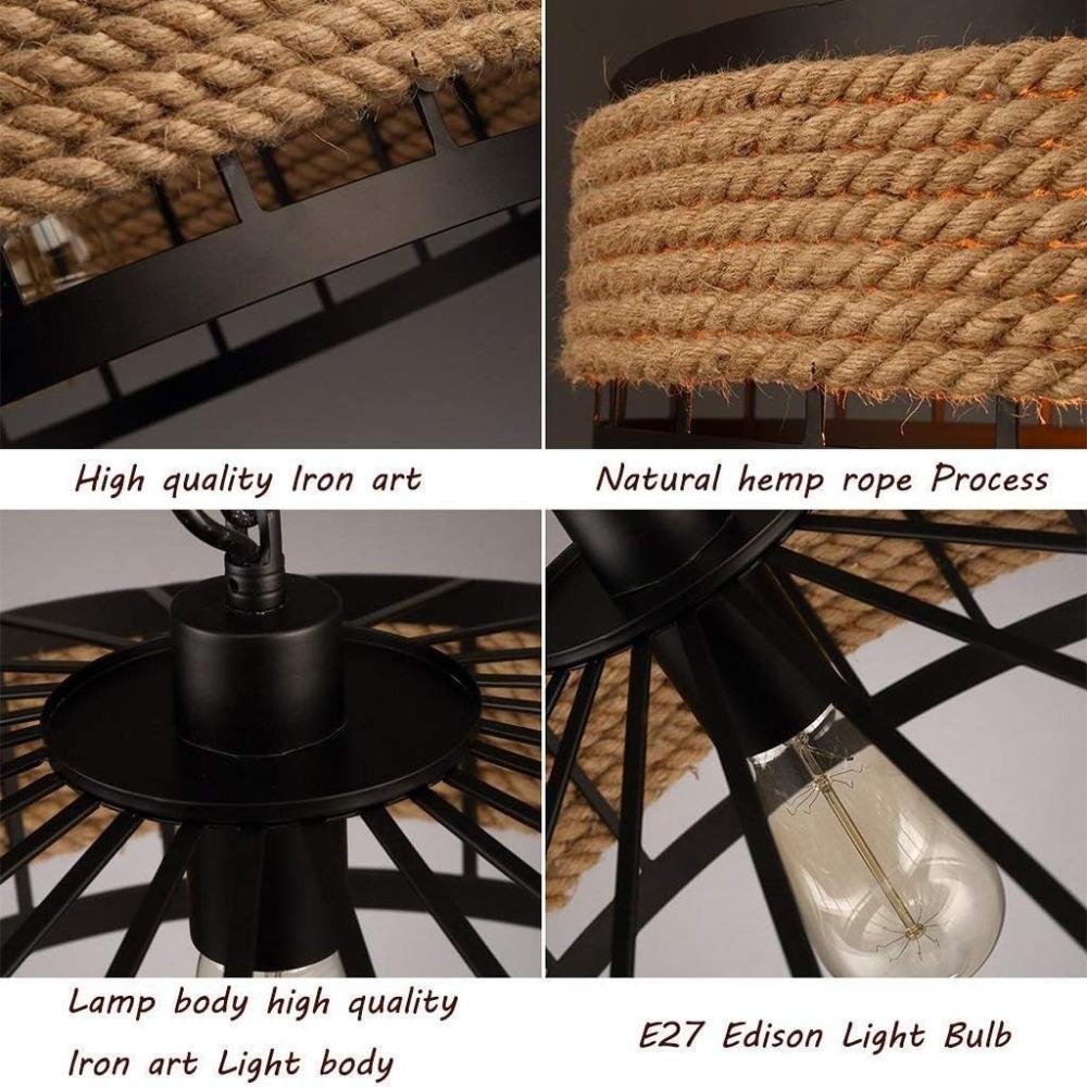 Classical Hemp Rope Pendant Hanging Lamp Lustre for Ceiling Chandelier Classic Retro Antique Industrial Iron Dining Room Light