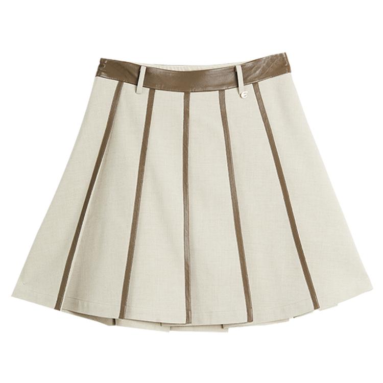 ELLE French Design Pleated Skirt High-End Leather Splicing High Waist Wool Casual Mini Skirt Women skirts Khaki-Green ER49180