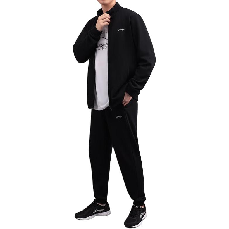 Li Ning Logo Print Bequemes Sport Fitness Laufen Warm Stehkragen Sweatshirt Set Herren Sweatshirt Set Schwarz AWES021-1