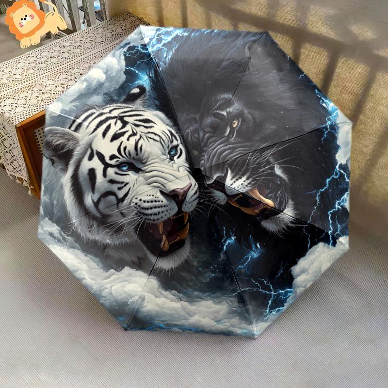 1 PC Automatic Folding Umbrella - Yin Yang Tiger Lion Pattern, Portable & Foldable Design with 8 Ribs, Christmas Birthday Gifts