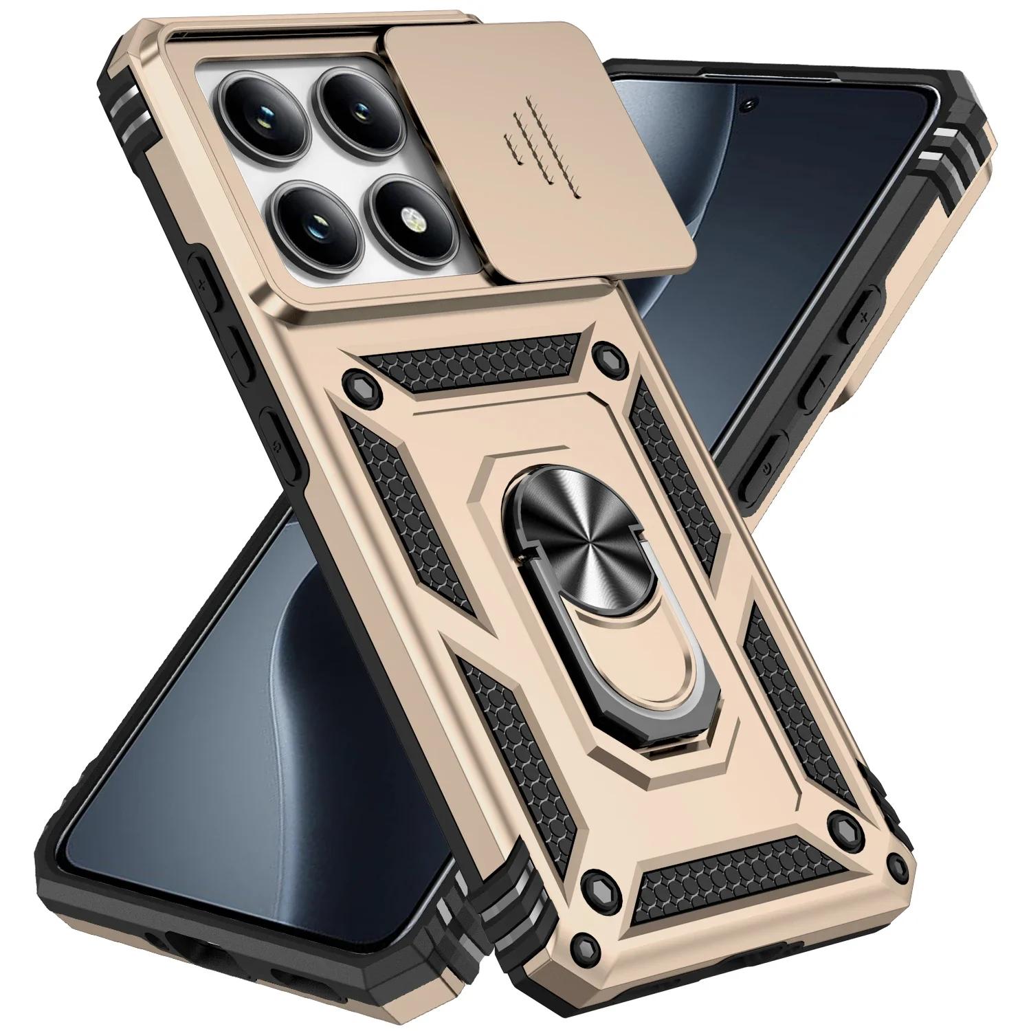 

Чехол для Xiaomi 14T Pro с автомобильным магнитным кольцом-подставкой, вращающейся сдвижной шторкой для объектива камеры, противоударный чехол-броня военного класса для Xiaomi 14T For Xiaomi 14T золотой