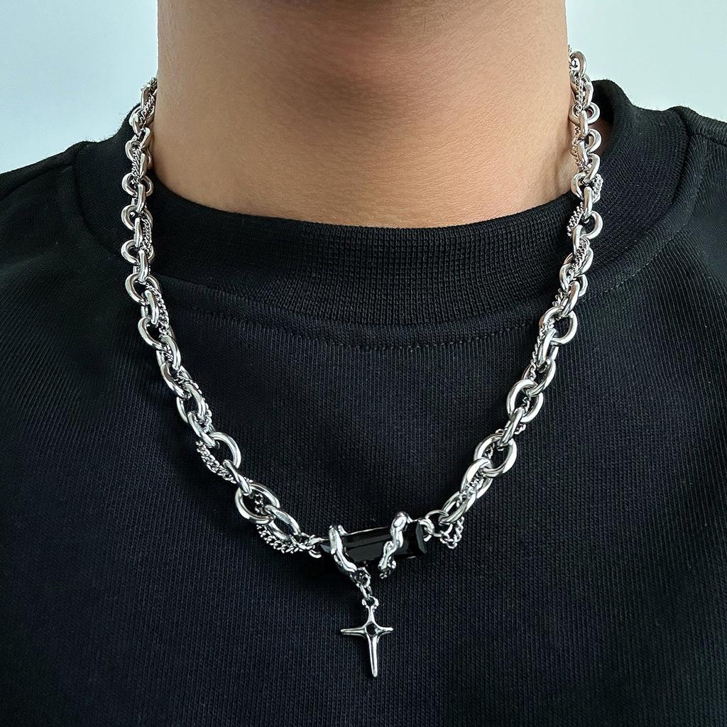 IngeSight.Z New Love Heart Pendant Necklace for Men Trendy Stainless Steel Cross Choker Necklace Male Punk Hip Hop Neck Jewelry