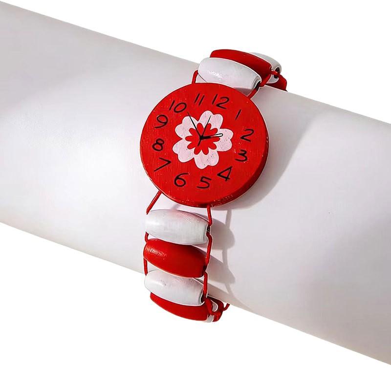 Cute Cartoon Children'S Colorful Bracelet Wood Watch Shape Bracelet Wood Painted Flower Bracelet