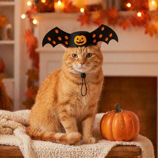 Pet Party Costume Accessory Halloween Bat Hat, Red Horn Pumpkin Cat Funny Hat Wings Felt for Cats Small And Medium Dogs Soft